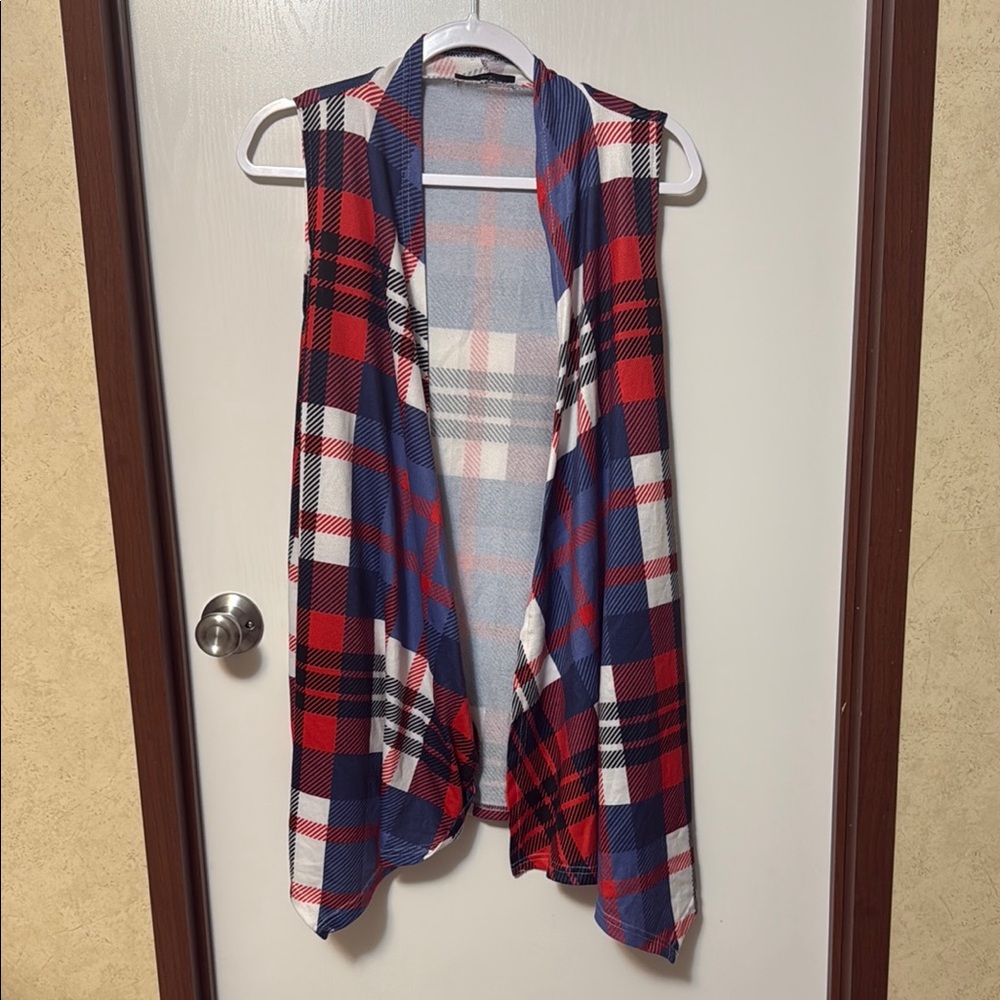 Loveu. Dear Red and Blue Plaid Open Vest Size L